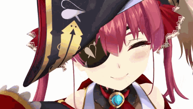 a girl with pink hair wearing a pirate hat and eye patch