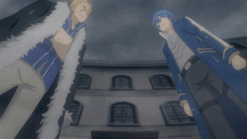 two anime characters standing in front of a building with one wearing a blue coat