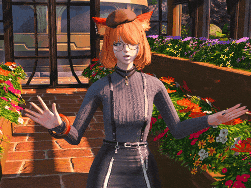 a girl with red hair and glasses is standing in front of a display of flowers