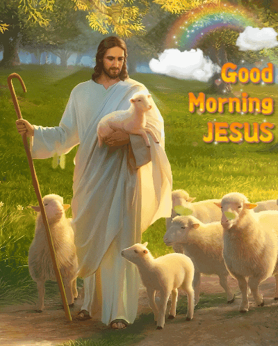 a painting of jesus holding a lamb with the words " good morning jesus " above him