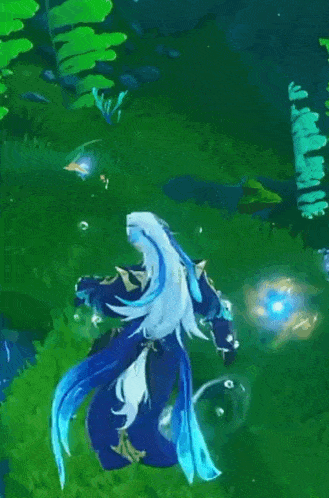 a person with long white hair is standing in a field holding a sword in a video game .