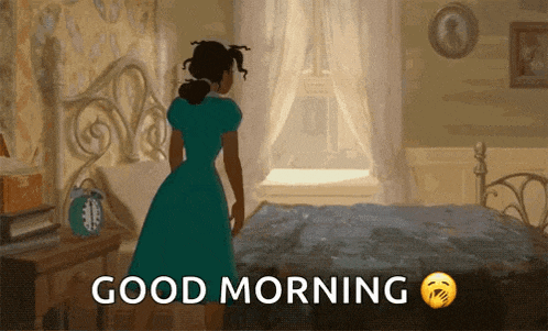 a woman in a blue dress is standing in front of a bed with the words good morning written on the bottom