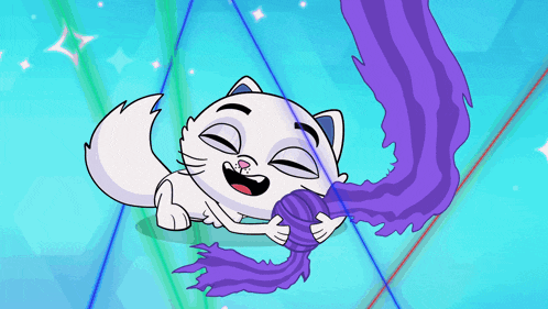 a cartoon cat is holding a ball of yarn