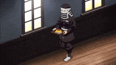 a man holding a tray with a piece of cake on it in front of a window