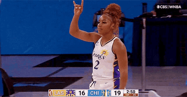 a female basketball player is giving the horns sign during a game