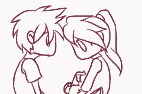 a black and white drawing of two people kissing
