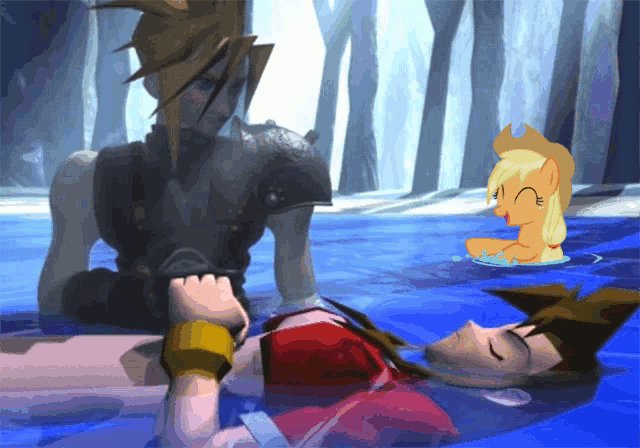 a cartoon of a man laying in the water with a pony in the background