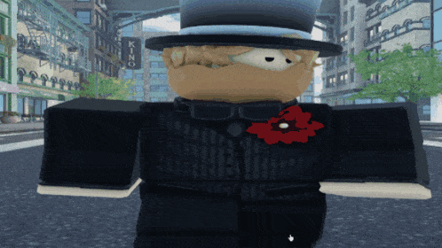 a cartoon character wearing a top hat and a bow tie stands in front of a building that says kino