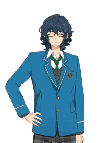 a boy with blue hair and glasses is wearing a blue suit and tie