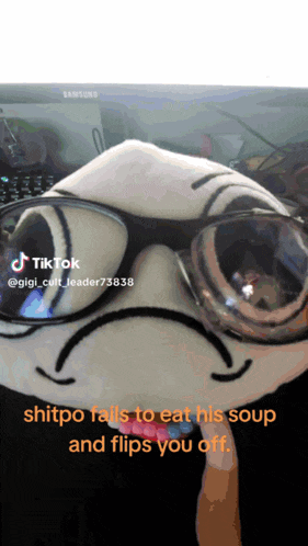a person wearing glasses and a mask with the words shitpo falls to eat his soup and flips you off at the bottom
