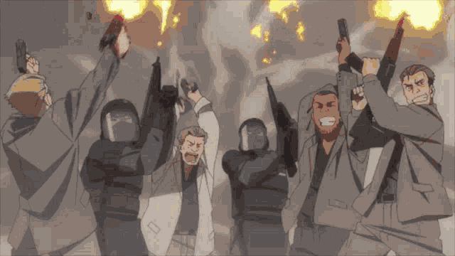 a group of men are holding up their guns in the air and one of them has the letter f on his face