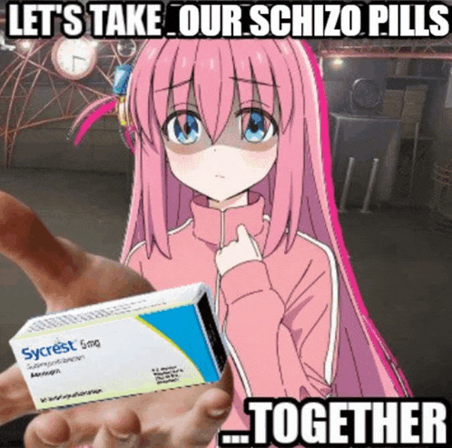 a girl with pink hair is holding a box of bycrest 5mg