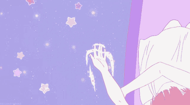 a girl laying on a bed with a purple background and stars