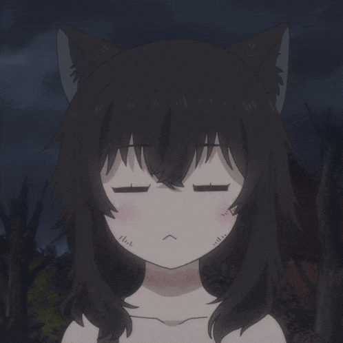a girl with black hair and cat ears is making a funny face