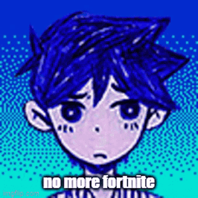 a cartoon of a boy with blue hair and the words no more fortnite