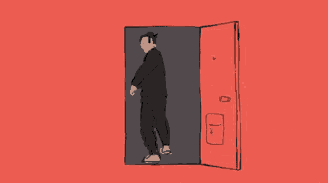 a drawing of a man standing in an open doorway