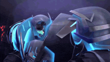 a robot with a blue light coming out of it 's chest