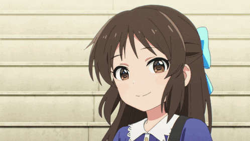 a girl with long brown hair is wearing a blue shirt and a white collar