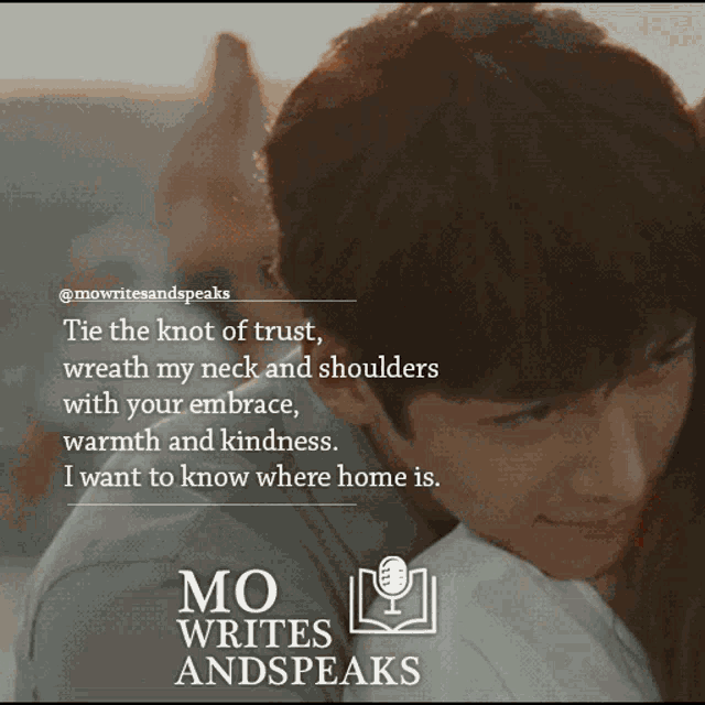 a poster for mo writes and speaks with a picture of a man hugging a woman