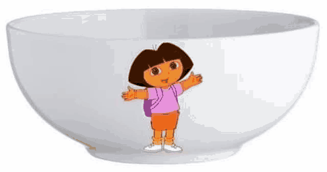 a white bowl with a dora the explorer cartoon on it .