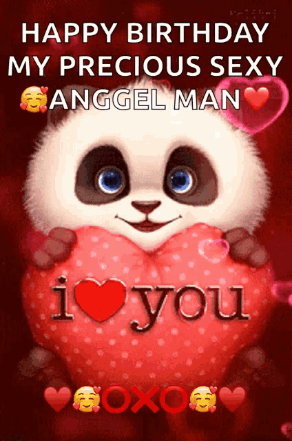 a panda bear holding a heart shaped pillow that says " i love you "