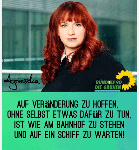 a woman with red hair is featured on a green and blue poster
