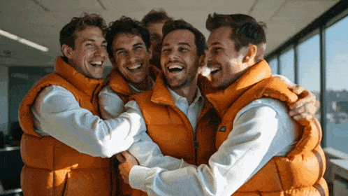 a group of men wearing orange vests are hugging each other and laughing