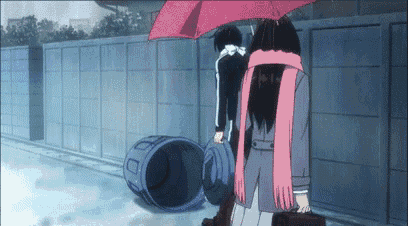 a girl with a pink scarf is holding an umbrella while standing next to a man