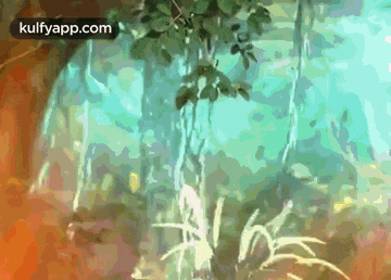 a painting of a jungle with trees and plants hanging from the ceiling .