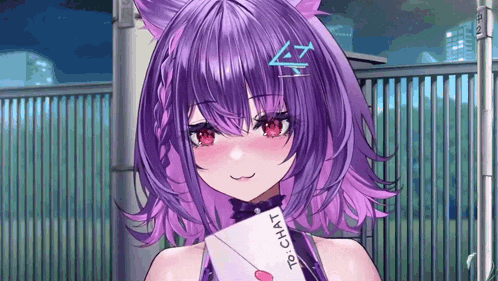 a girl with purple hair is holding a letter that says to chat