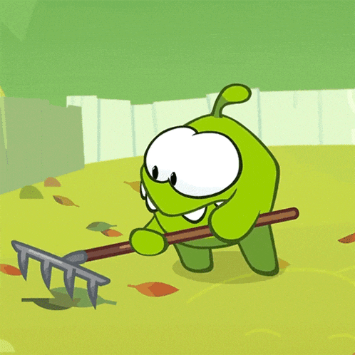 a cartoon character is raking leaves in a field