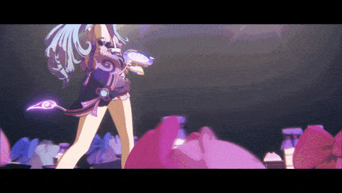 a cartoon girl with blue hair is holding a purple object