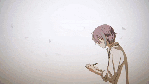 a group of anime characters standing next to each other including a boy with purple hair