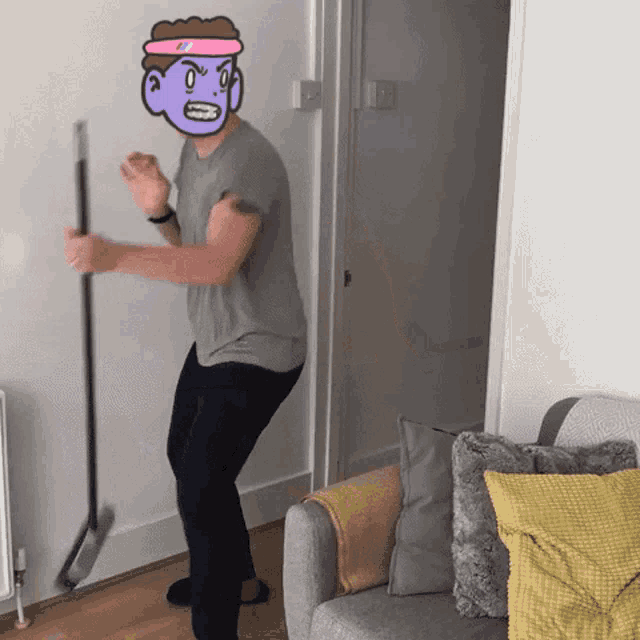 a cartoon of a man holding a mop with a purple face on his head