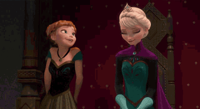 two cartoon characters anna and elsa are laughing