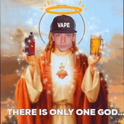 a painting of jesus holding a vape and a beer .