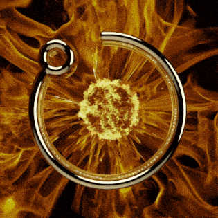 a metal ring with a hole in the middle is surrounded by flames