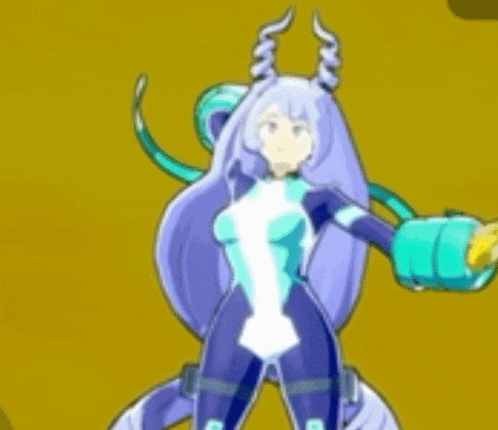 a cartoon character with purple hair and horns is holding a yellow object .