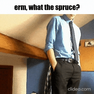 a man in a blue shirt and tie is standing in a room with his hands in his pockets and the words erm what the spruce