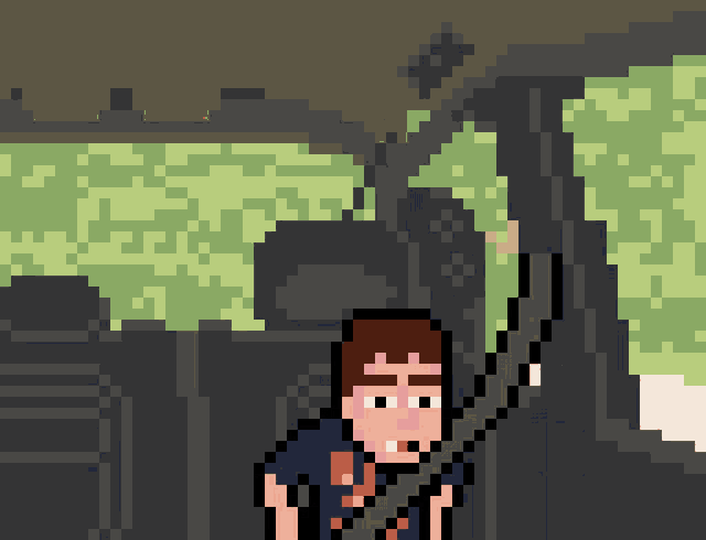 a pixel art of a man holding a gun in a car
