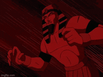 a red cartoon character is standing in a dark room with a ring around his neck .