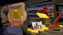 a cartoon of a room with a lamp and a picture on the table