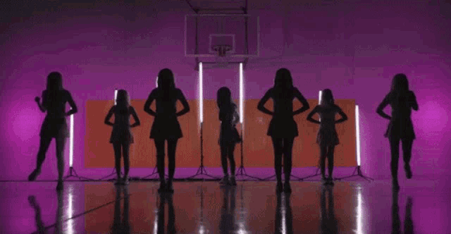 a group of women are dancing in front of a basketball hoop ..