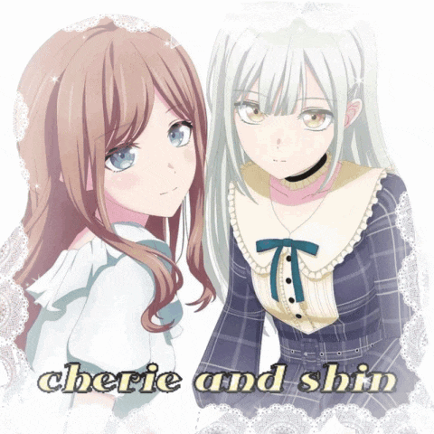 two anime girls are standing next to each other and the words cherie and shin are on the bottom