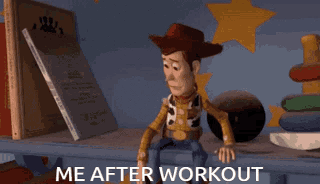 woody from toy story is sitting on a table with the words me after workout written below him