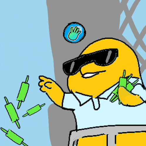 a cartoon character wearing sunglasses and holding a green stick with a hand above his head