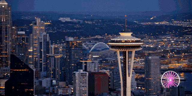 an aerial view of a city with a ferris wheel in the foreground and the space needle in the background