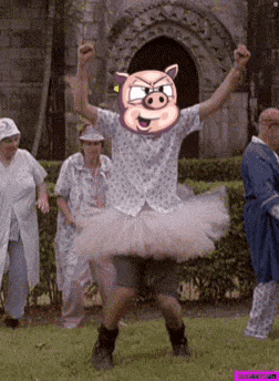 a man wearing a pig mask and a tutu is jumping in the air