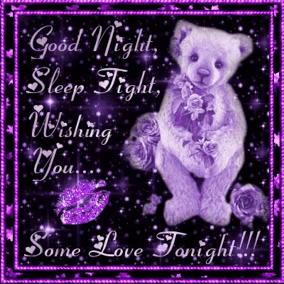 a purple teddy bear is sitting next to purple roses and a purple kiss on a purple background .