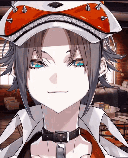 a girl with blue eyes wearing a hat with spikes on it